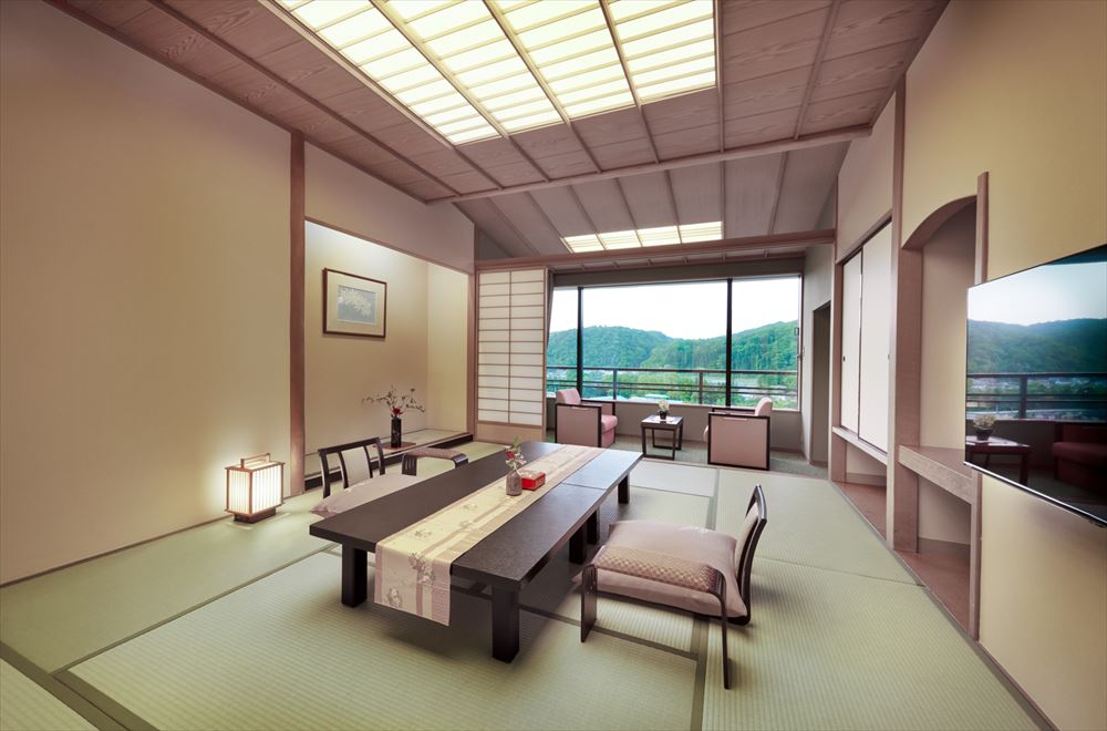 Osyu Akiu Spa RANTEI. The standard Japanese-style room is a classic example of modern Japanese-style architecture, with a panoramic view of changing seasonal colors around Akiu Onsen Village.