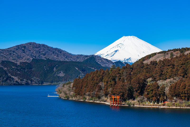 箱根温泉　湖　箱根神社　富士山