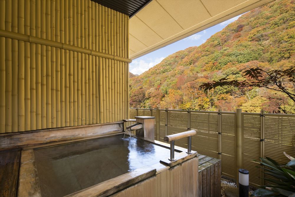 秋は目の前に錦織の紅葉が広がる渓流和室の露天風呂