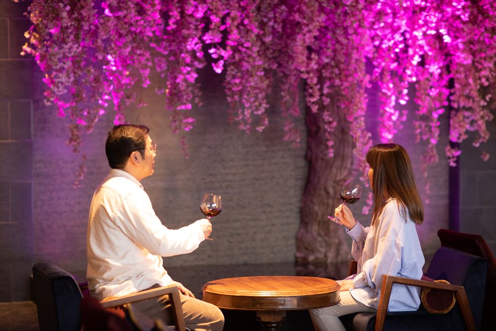 上諏訪温泉「しんゆ」。夜には7色に光る「月下の櫻」と共にお花見バーを体験。
